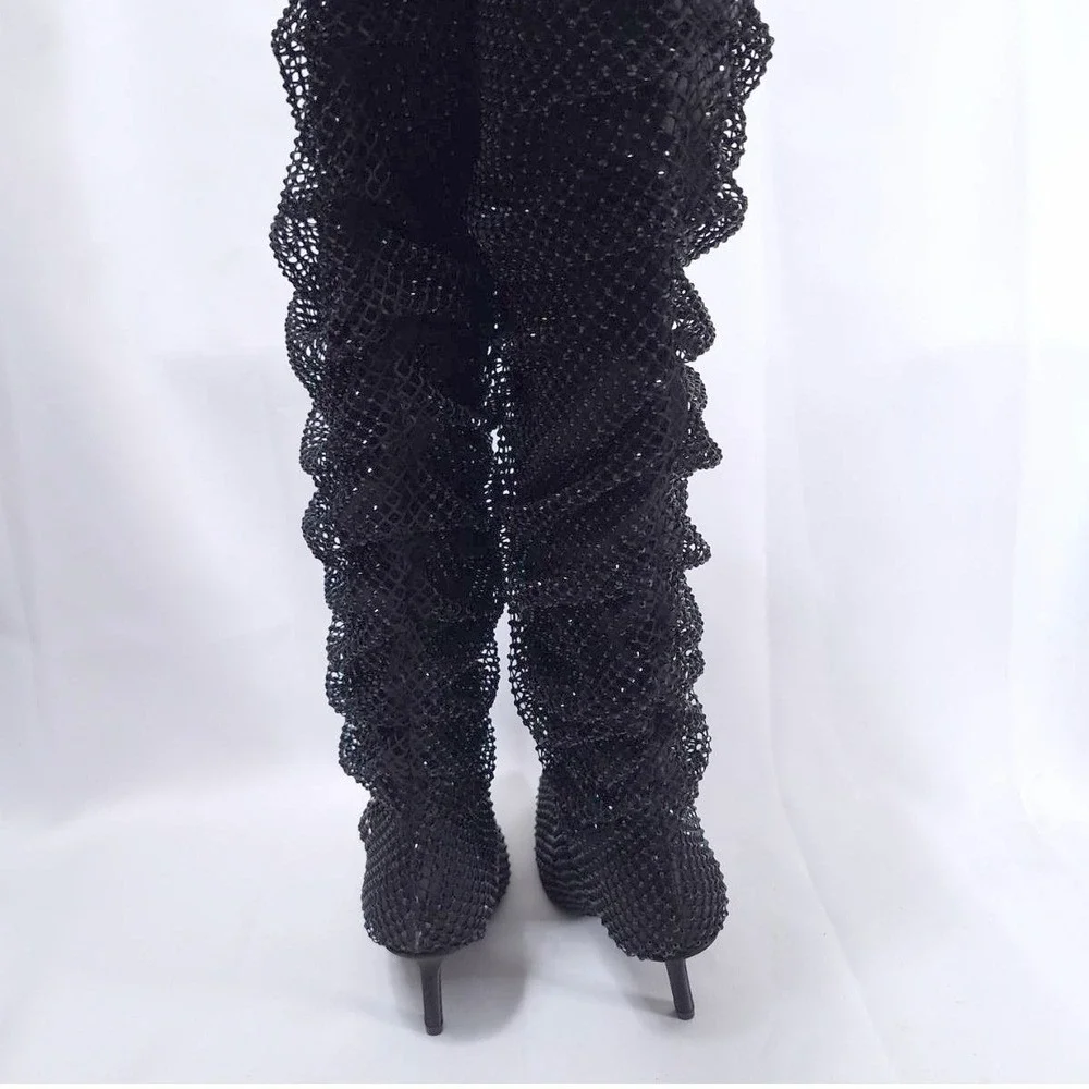 Madden Girl Sashaa Slouchy Over Knee Boot‎ Sz 6.5 Rhinestones Stilettos Fishnet